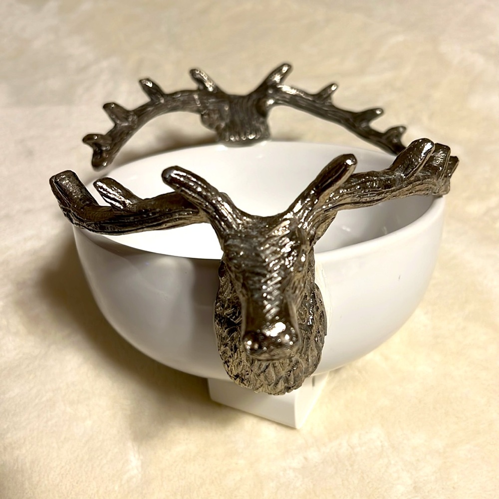 White Ceramic Bowl with Silver Deer Handles. Holiday Decor. 6.25” - Picture 6 of 9